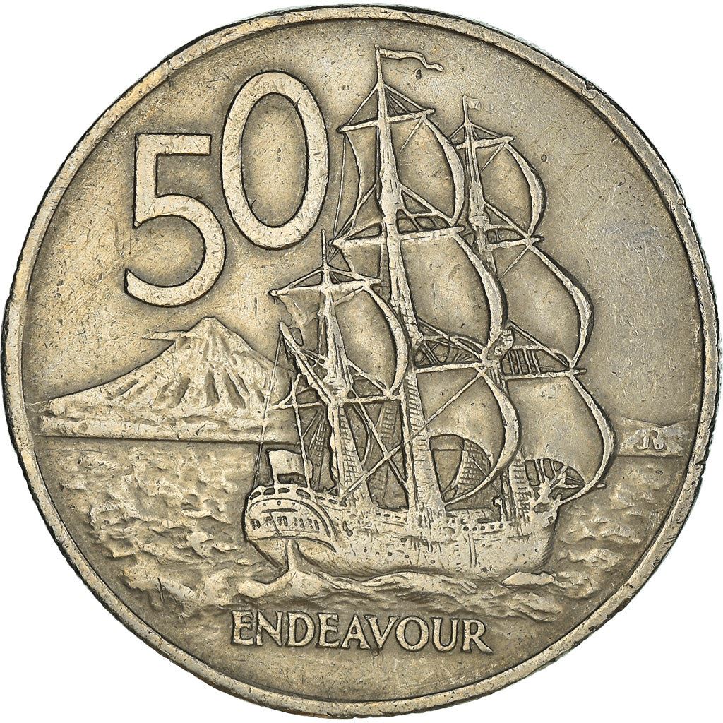 New Zealander 50 Cents Coin | Queen Elizabeth II | Captain James Cook | HMS Endeavour | KM37 | 1967 - 1985
