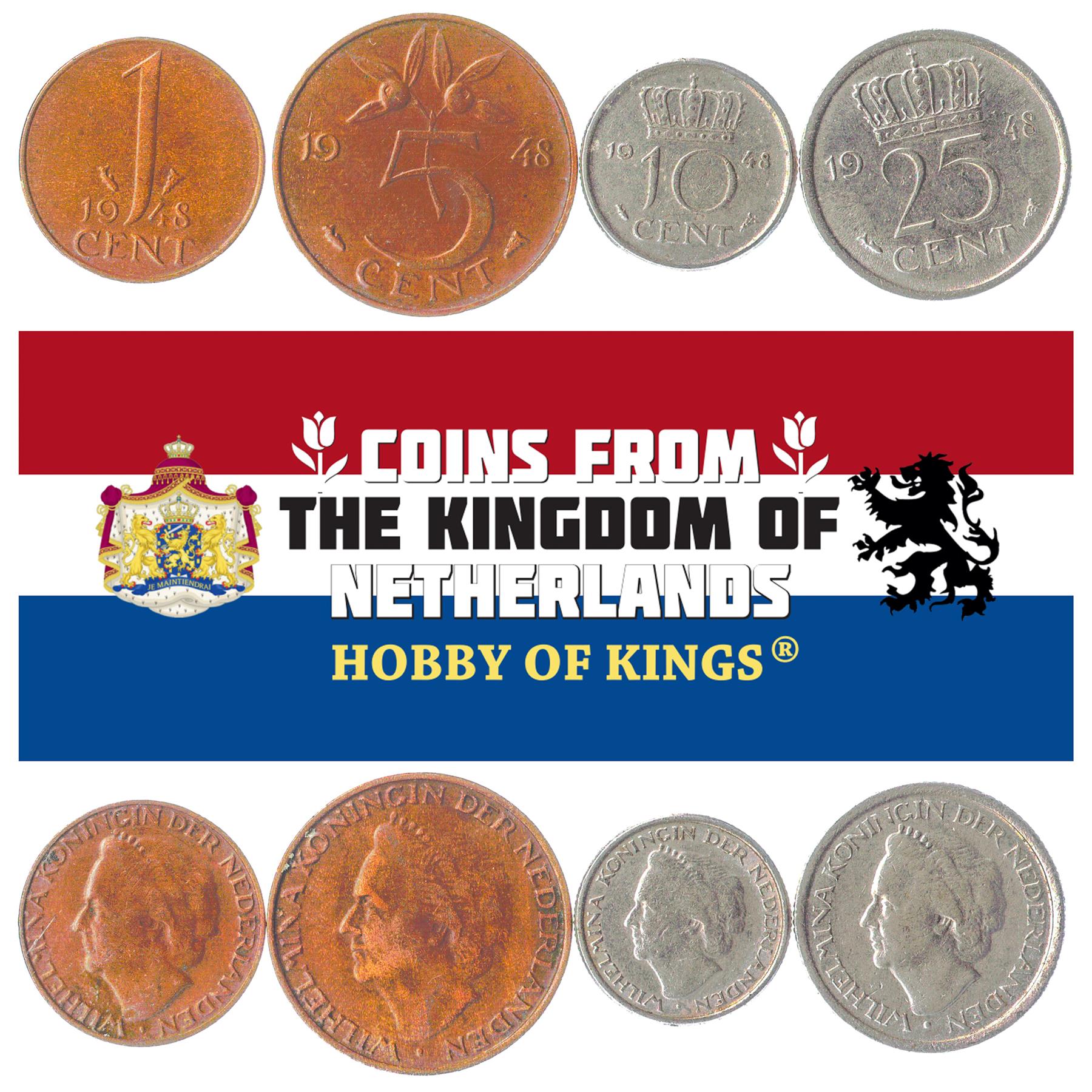 Netherlands | 4 Coin Set | 1 Cent 5 10 25 Cents | 1948