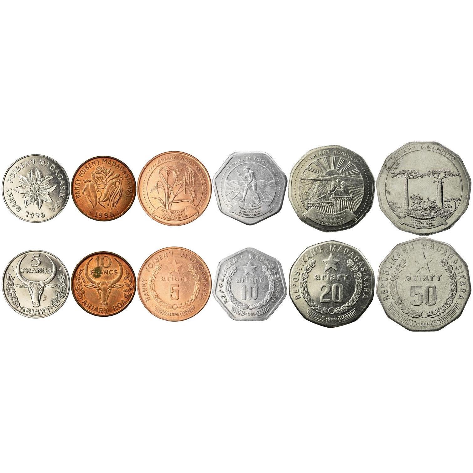 Madagascar | 6 Coin Set | 5 Francs / 1 10 Francs / 2 5 10 20 50 Ariary | 1994 - 1999