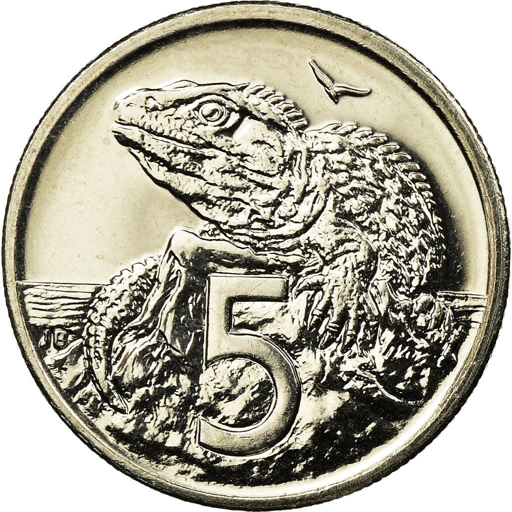 New Zealander 5 Cents Mynt | Dronning Elizabeth II | Tuatara Øgle | KM116 | 1999 - 2006