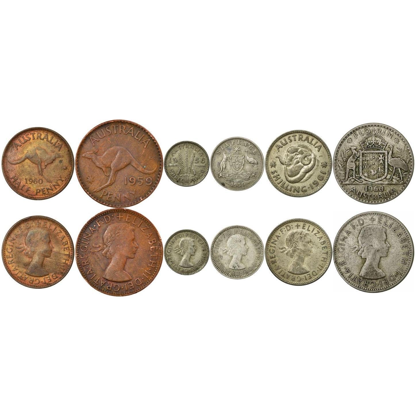Australian 6 Coin Set ½ 1 Penny 3 6 Pence 1 2 Shilling | Wheat stalk | Kangaroo | Emu | Elizabeth II | Ram | 1953 - 1964