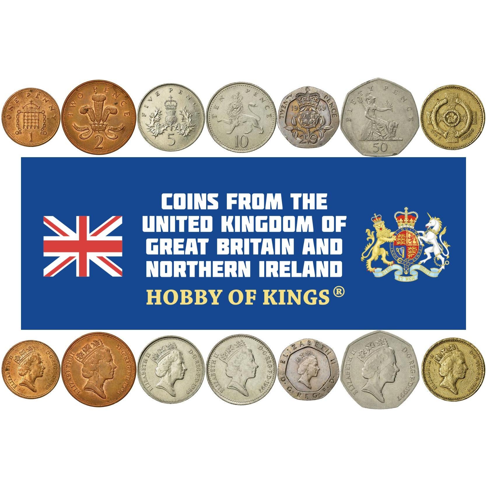 United Kingdom | 7 Coin Set | 1 Penny 2 5 10 20 50 Pence 1 Pound | 1985 - 1997