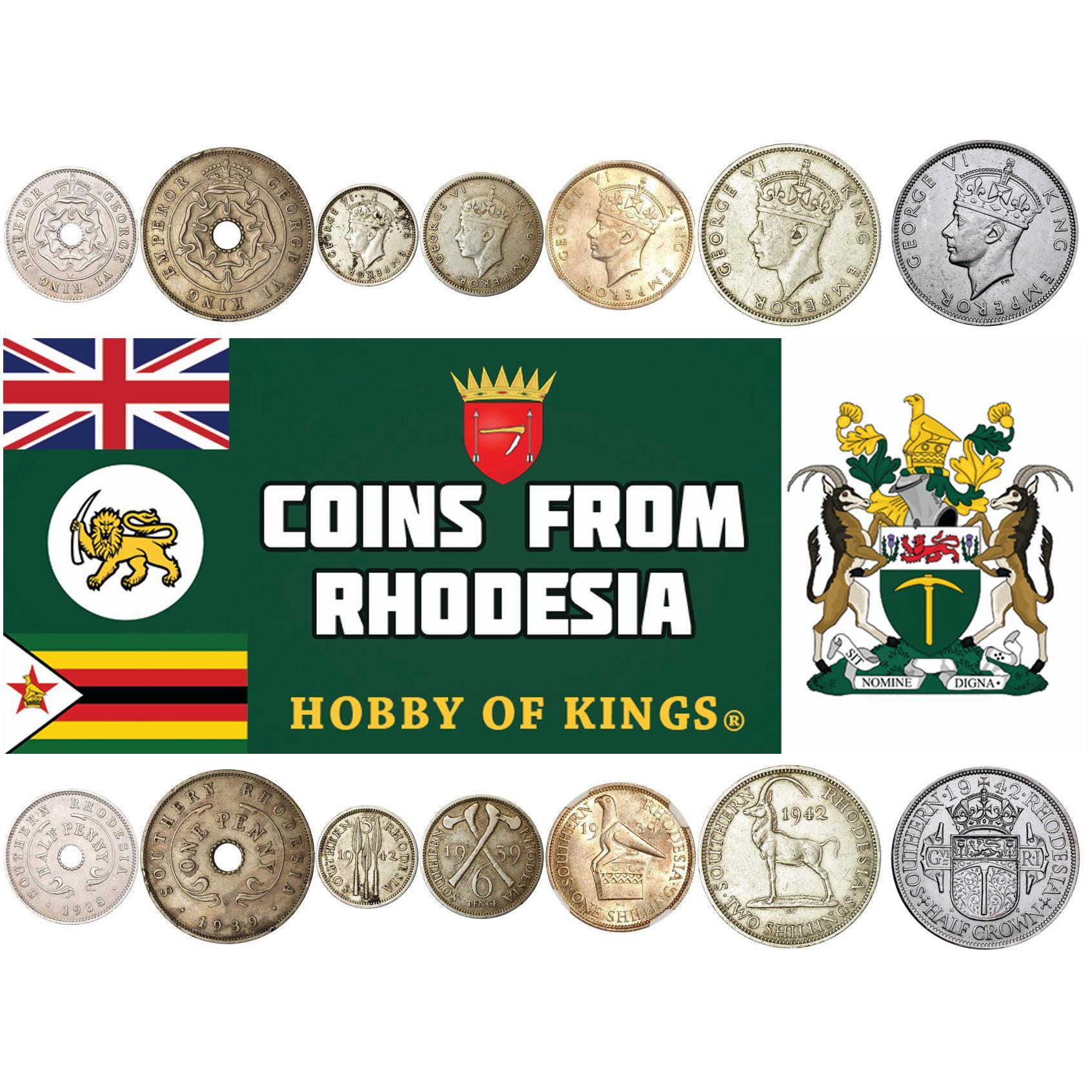 Southern Rhodesia | 7 Coin Set | 1/2 1 Penny 3 6 Pence 1 Shilling 2 Shillings 1/2 Crown | 1937 - 1942