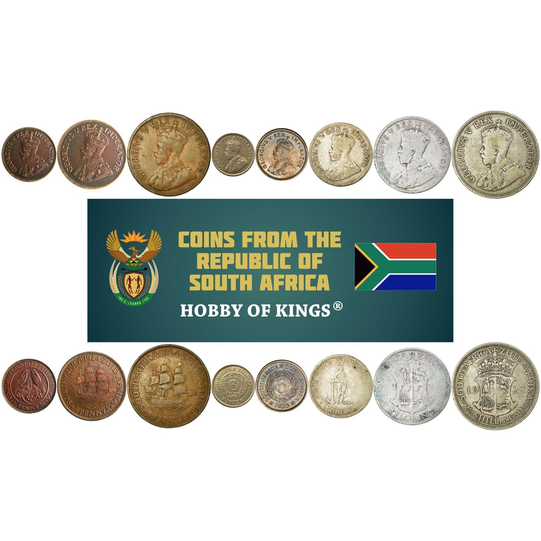 South Africa | 8 Coin Set | 1/4 1/2 1 Penny 3 6 Pence 1 Shilling 1 Florin 2 1/2 Shillings | 1923 - 1930