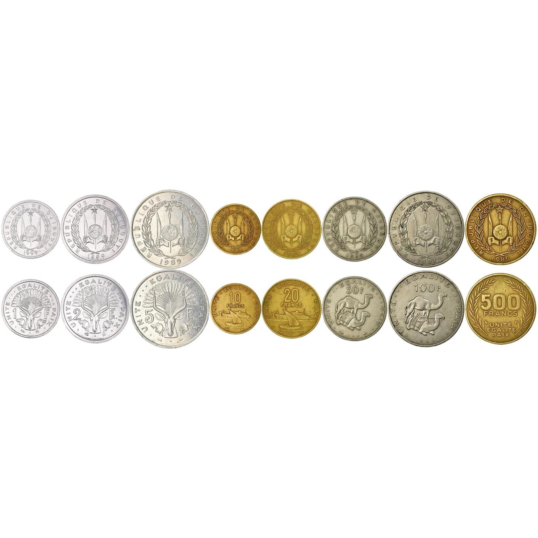 Djibouti | 8 Coin Set | 1 Franc 2 5 10 20 50 100 500 Francs | 1977 - 2017