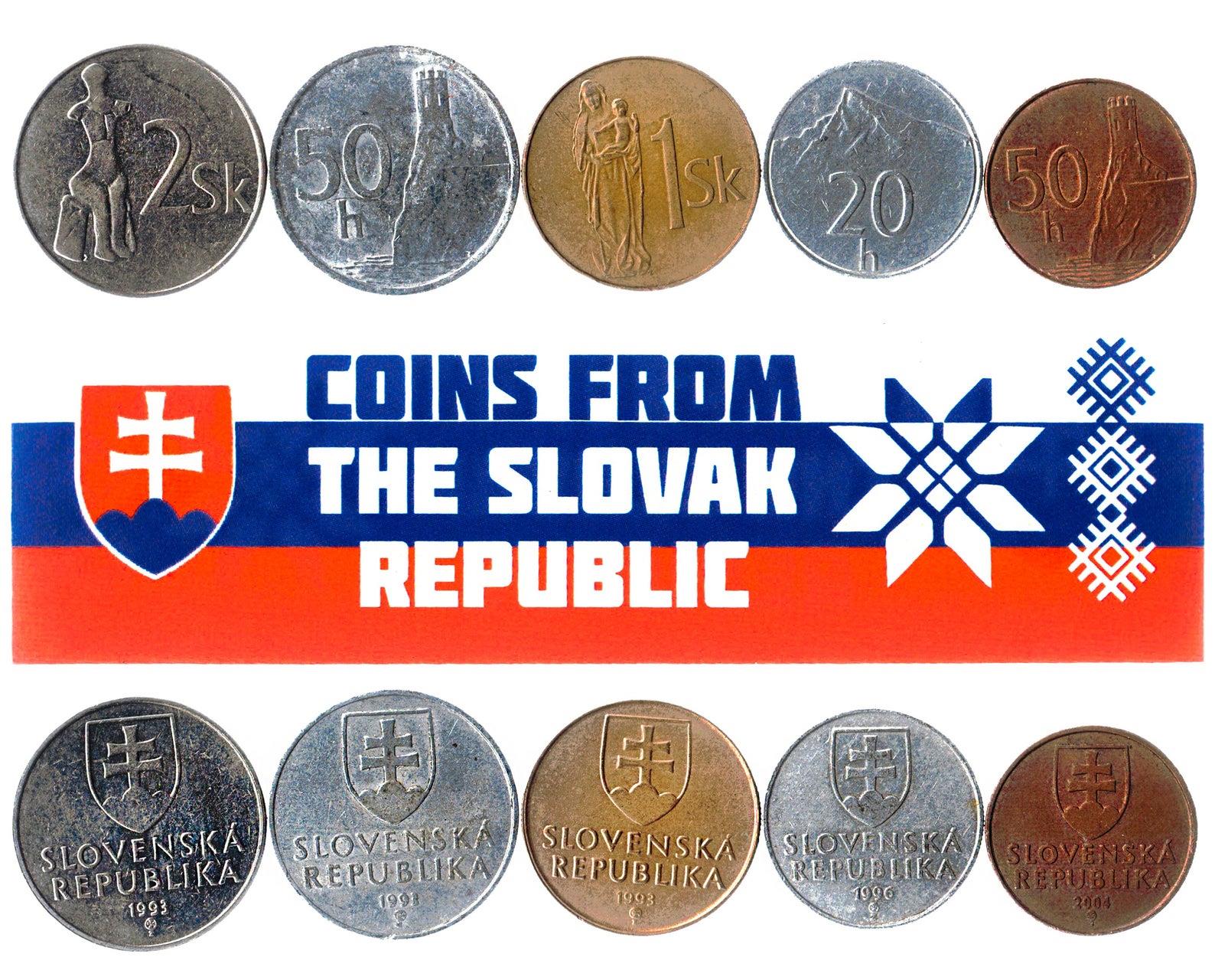 5 Mixed Coins From Slovakia | Halierov - Koruna | 1993 - 2008