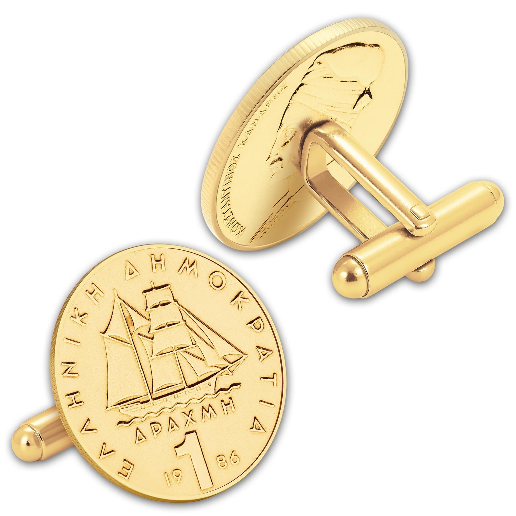 Gold Plated Greek 1 Drachma Coin Cufflinks | Ship Corvette Design | Nautical Men's Accessory