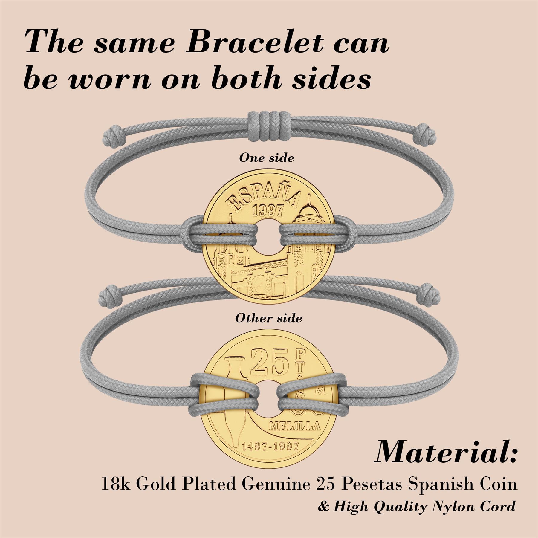 Good Luck Coin Bracelet | Gray String Thread Wristband | Spanish 25 Pesetas 1997 | 18k Gold Plated Fortune Wealth & Protection