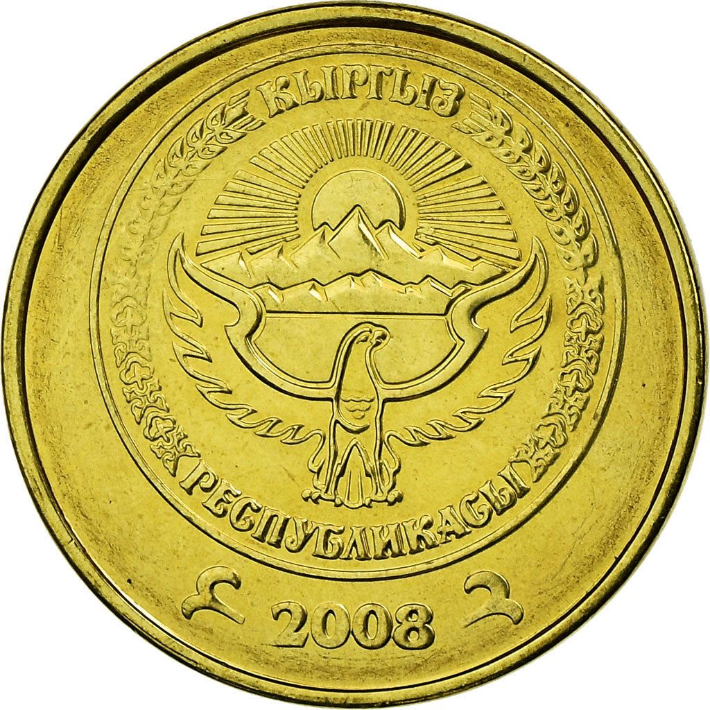 Kyrgyzstan | 10 Tyiyn Coin | Flower Ornament | Sun | Mountains | Falcon | Km:12 | 2008