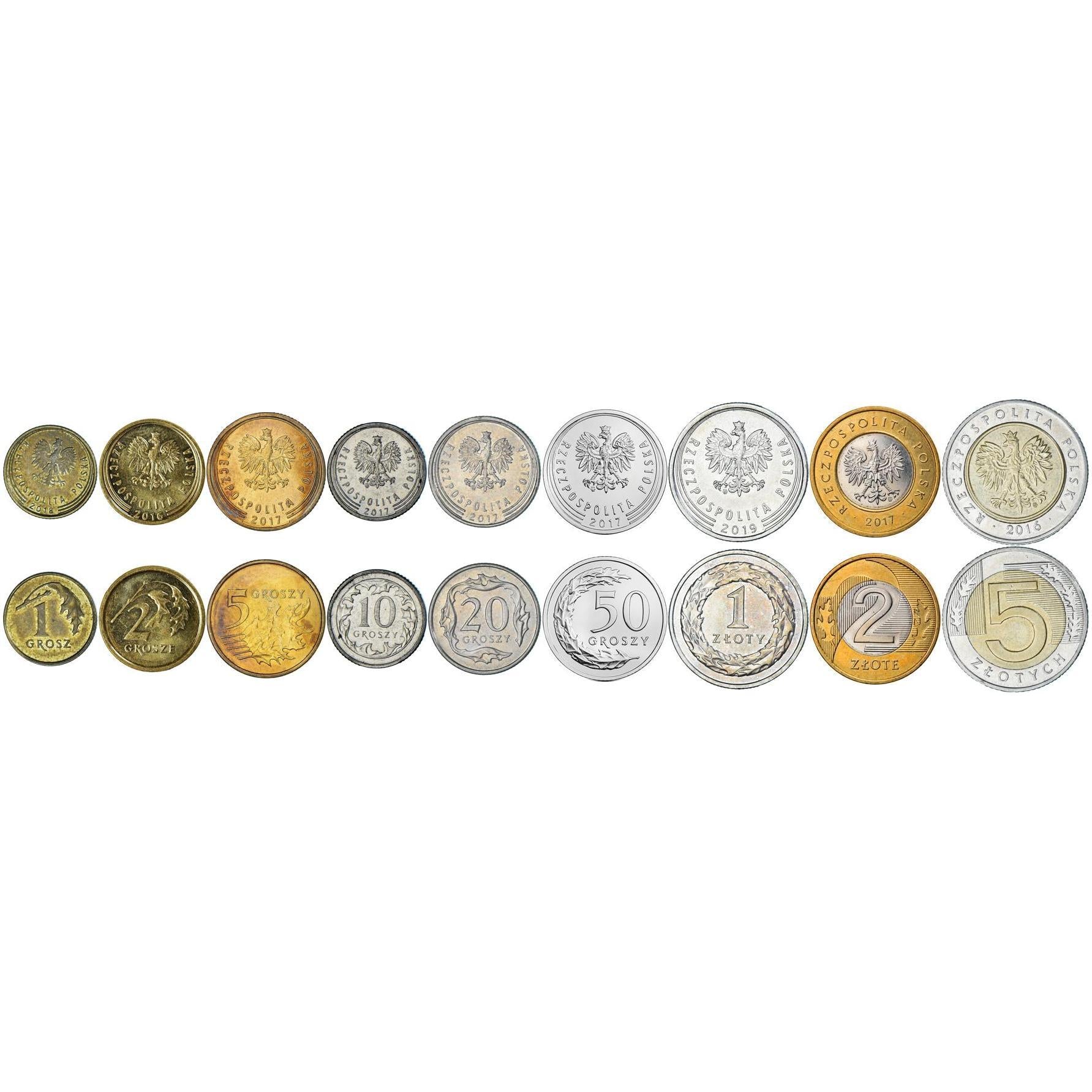 Polish 9 Coin Set 1 2 5 10 20 50 Grosz 1 2 5 Złote | White Crowned Eagle | Poland | 2013 - 2021