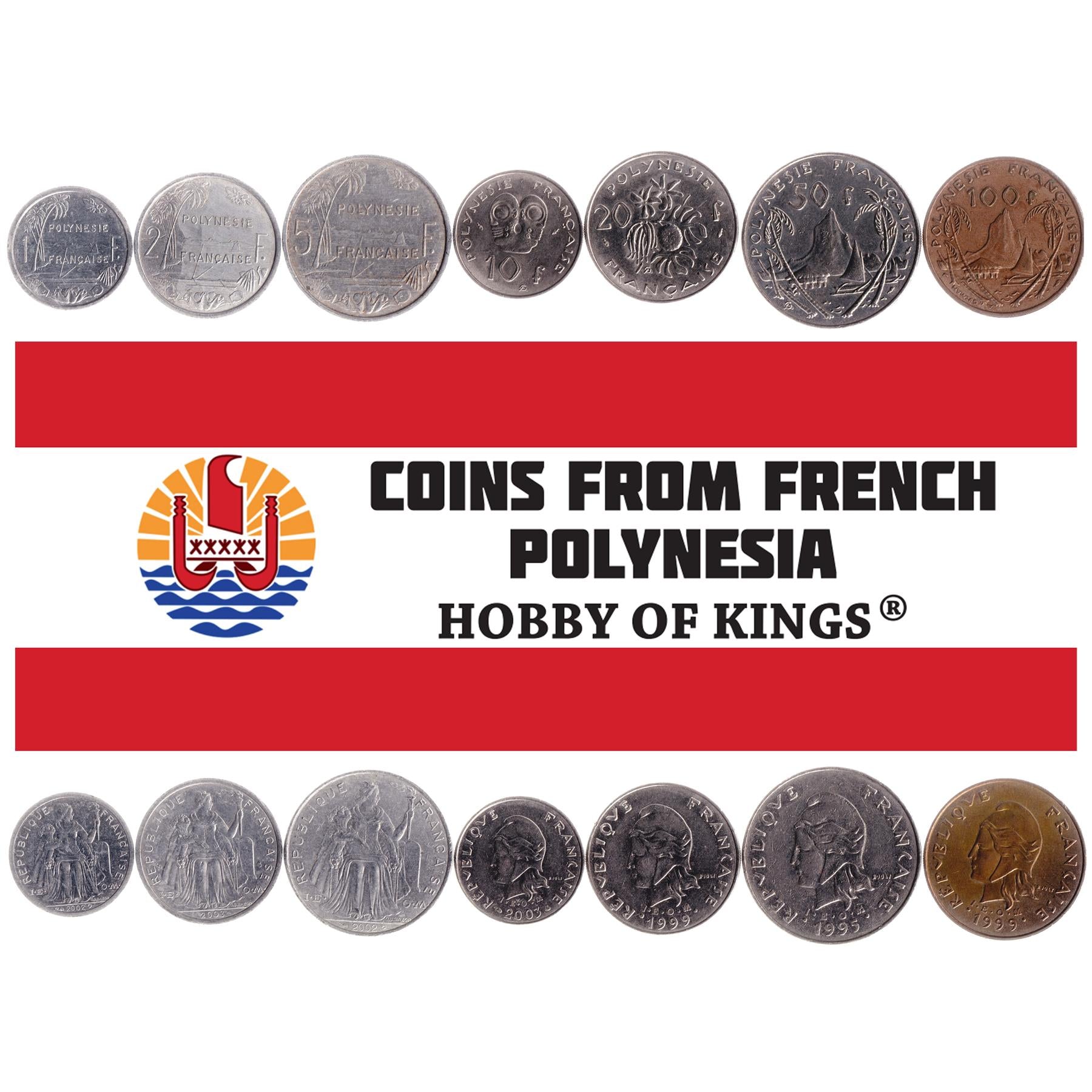 French Polynesia | 7 Coin Set | 1 Franc 2 5 10 20 50 100 Francs | 1972 - 2006