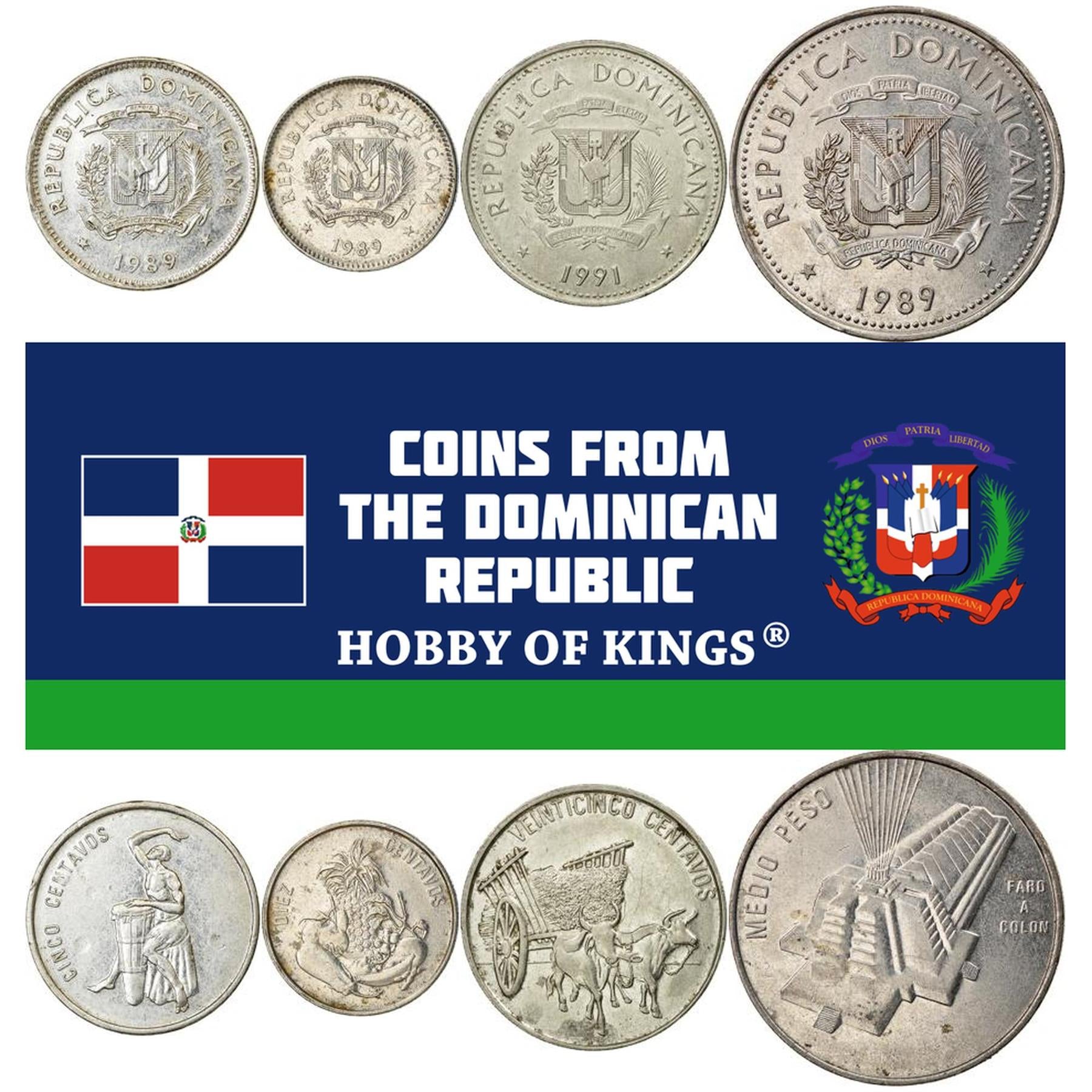 Dominican Republic | 4 Coin Set | 5 10 25 Centavos 1/2 Peso | Drummer | Fruits | Vegetables | Oxen | Cart | Columbus Lighthouse | 1989 - 1991