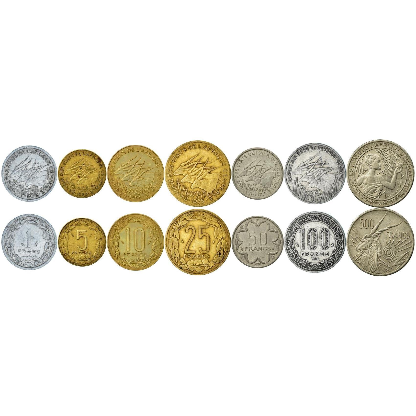 Central African States | 7 Coin Set | 1 5 10 25 50 100 500 Francs CFA | 1973 - 2003