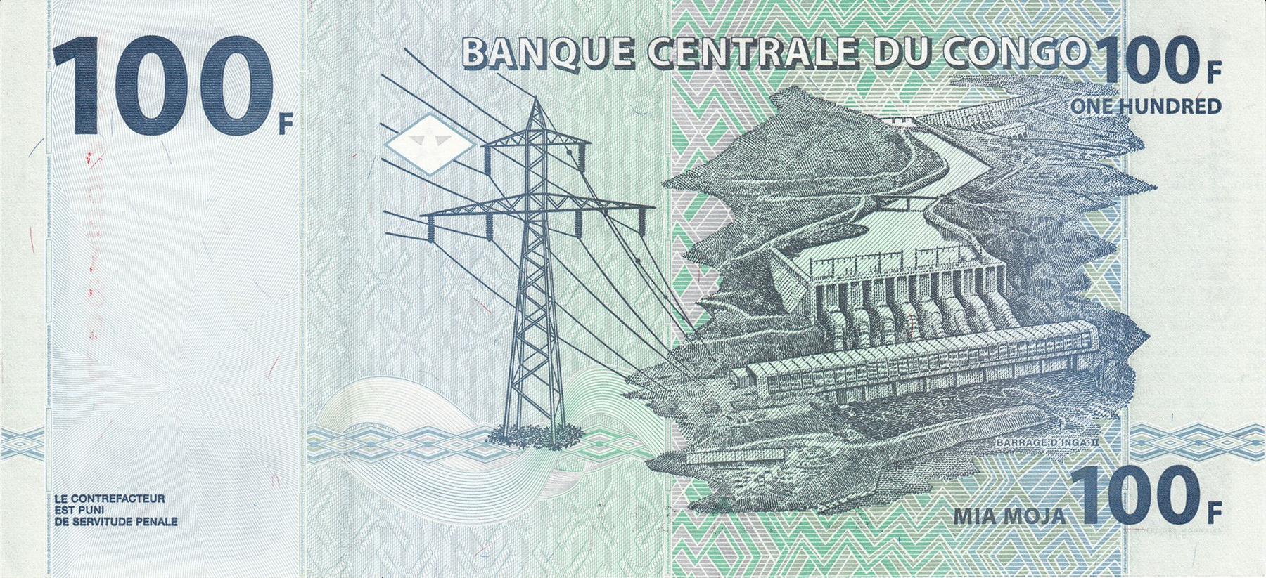 Democratic Republic of The Congo | 100 Francs Banknote | 2007 - 2022 | African Bush Elephant | Power Lines | Dam and Power Station