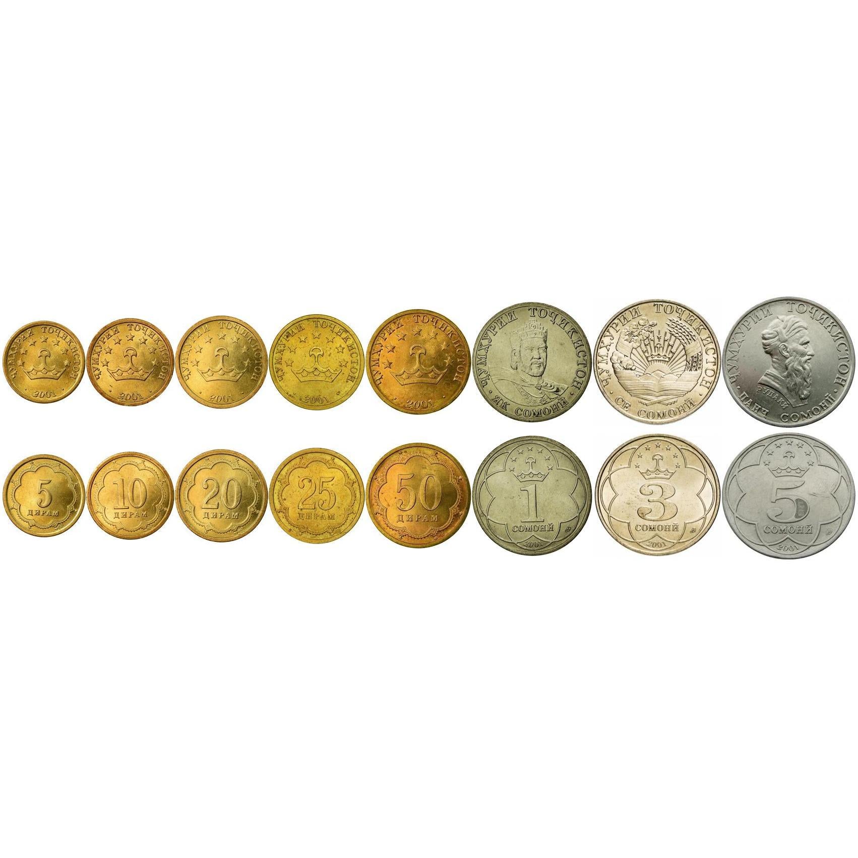 Tajikistan | 8 Coin Set | 5 10 20 25 50 Diram 1 3 5 Somoni | 2001