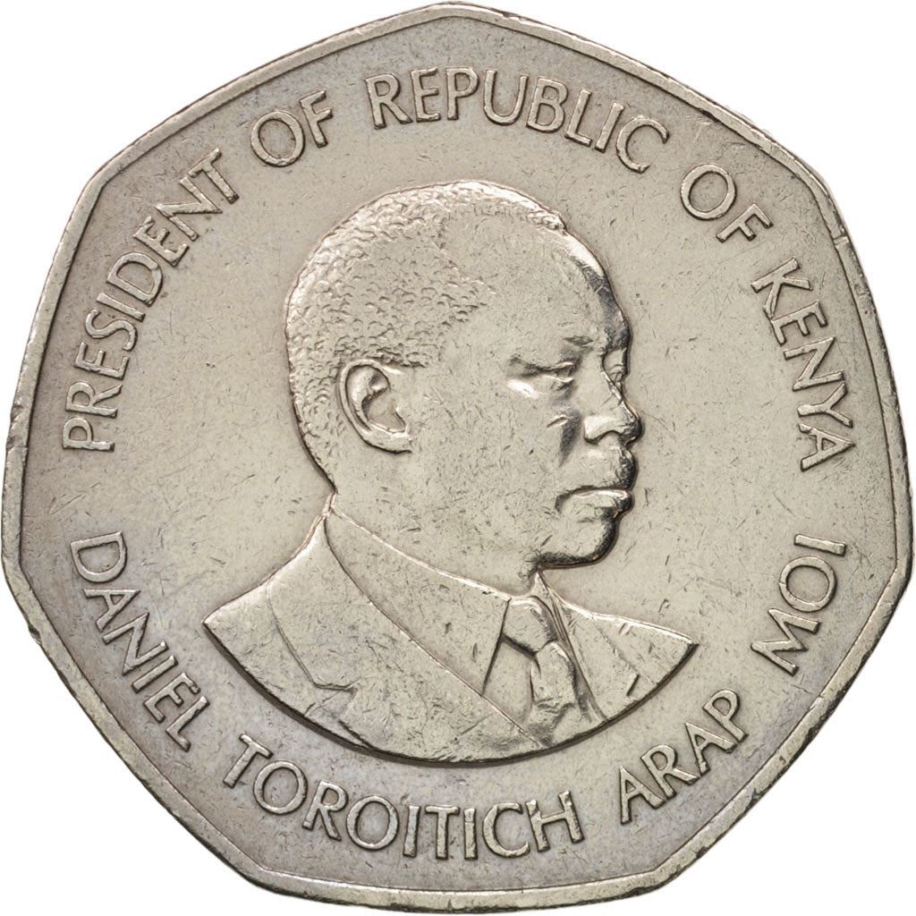 Quénia 5 xelins | Escudo | Machado | Leão | Pássaro | Moeda de Lança | KM23 | 1985