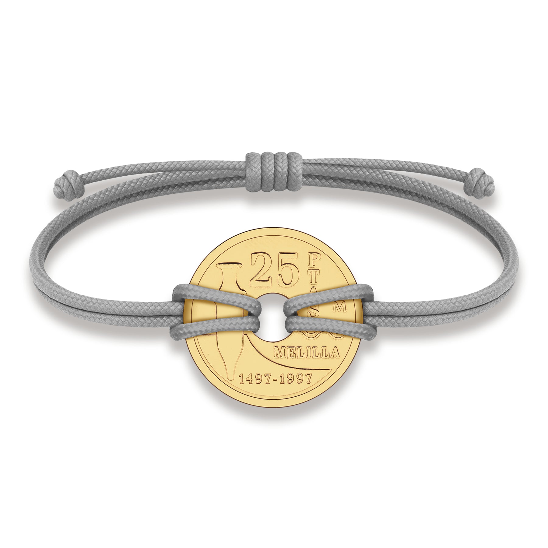 Good Luck Coin Bracelet | Gray String Thread Wristband | Spanish 25 Pesetas 1997 | 18k Gold Plated Fortune Wealth & Protection