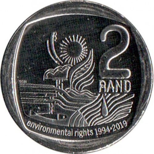 South Africa | 2 Rand Coin | Sun | Tree | Water | Fish | Environmental Rights | Km:695 | 2019