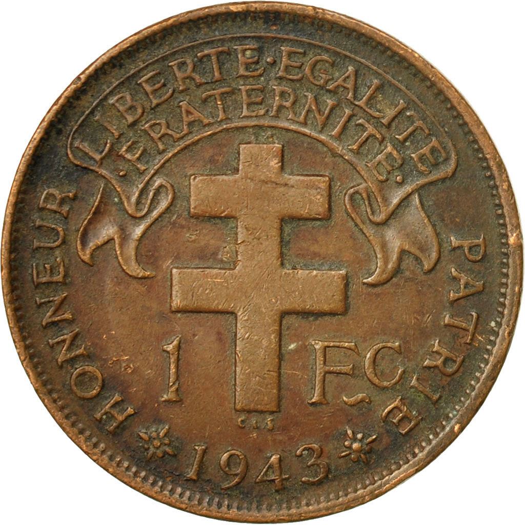 French Cameroon | 1 Franc Coin | Rooster | Lorraine Cross | Km:5 | 1943