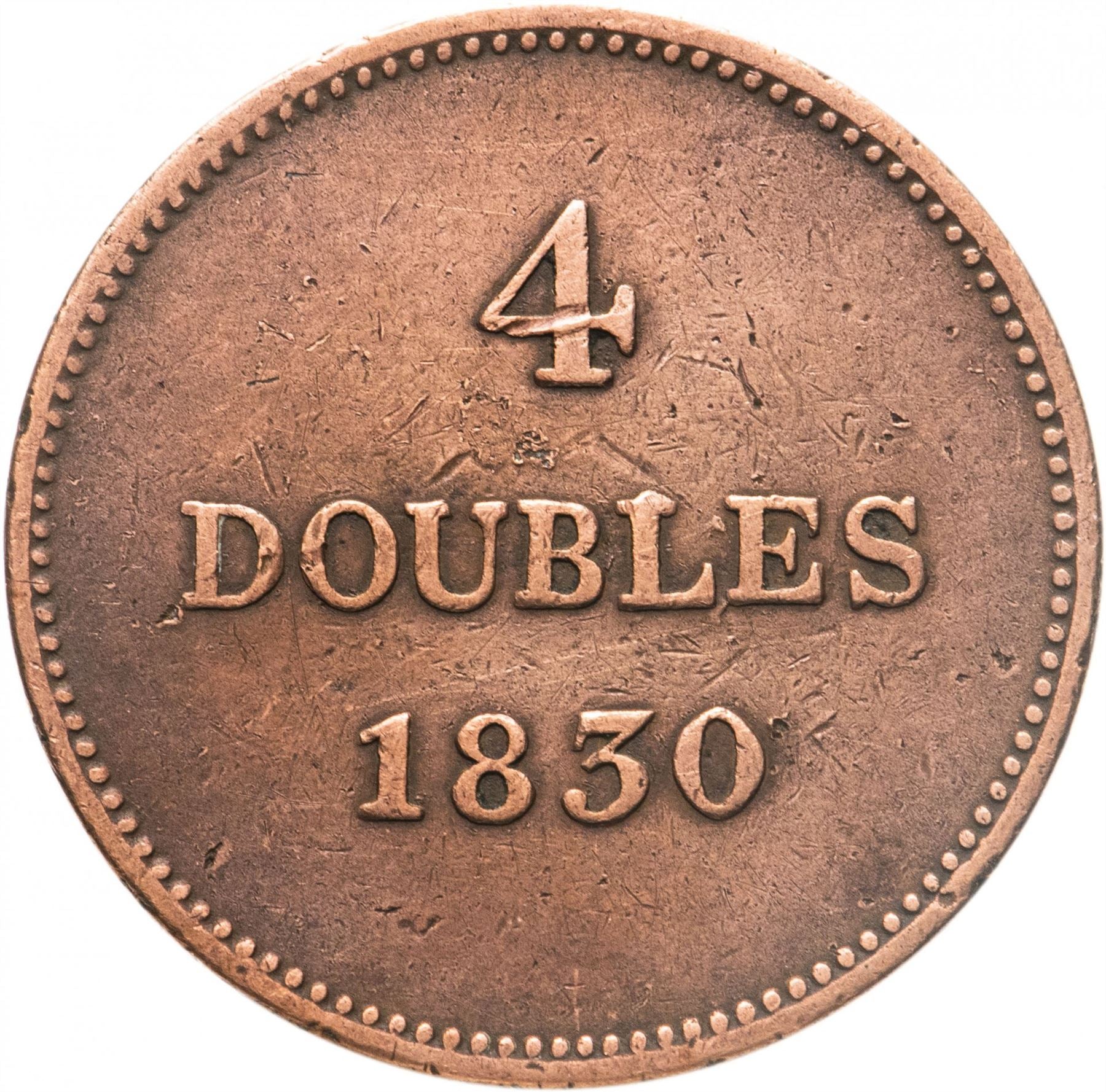 Guernsey 4 Doubles Coin | National arms | KM2 | 1830 - 1858