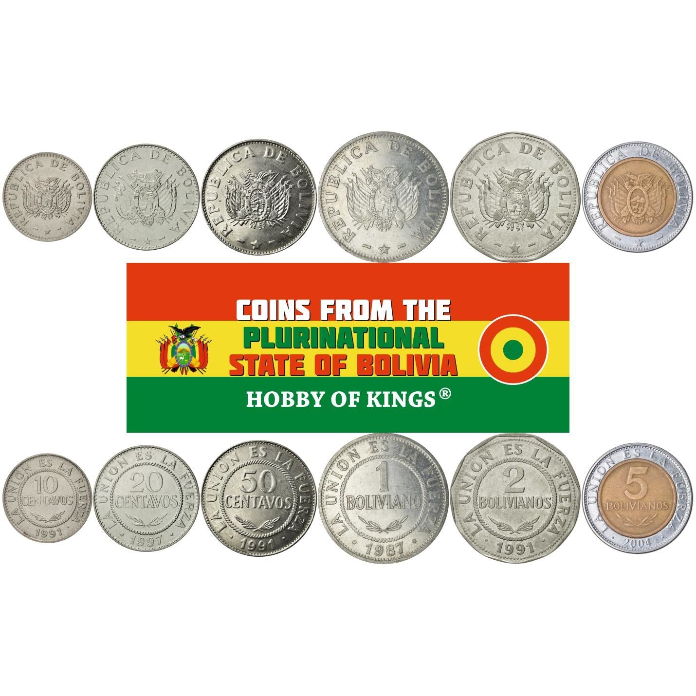 Bolivia | Sæt med 6 mønter | 10, 20, 50 centavos, 1, 2, 5 bolivianos | 1987–2008