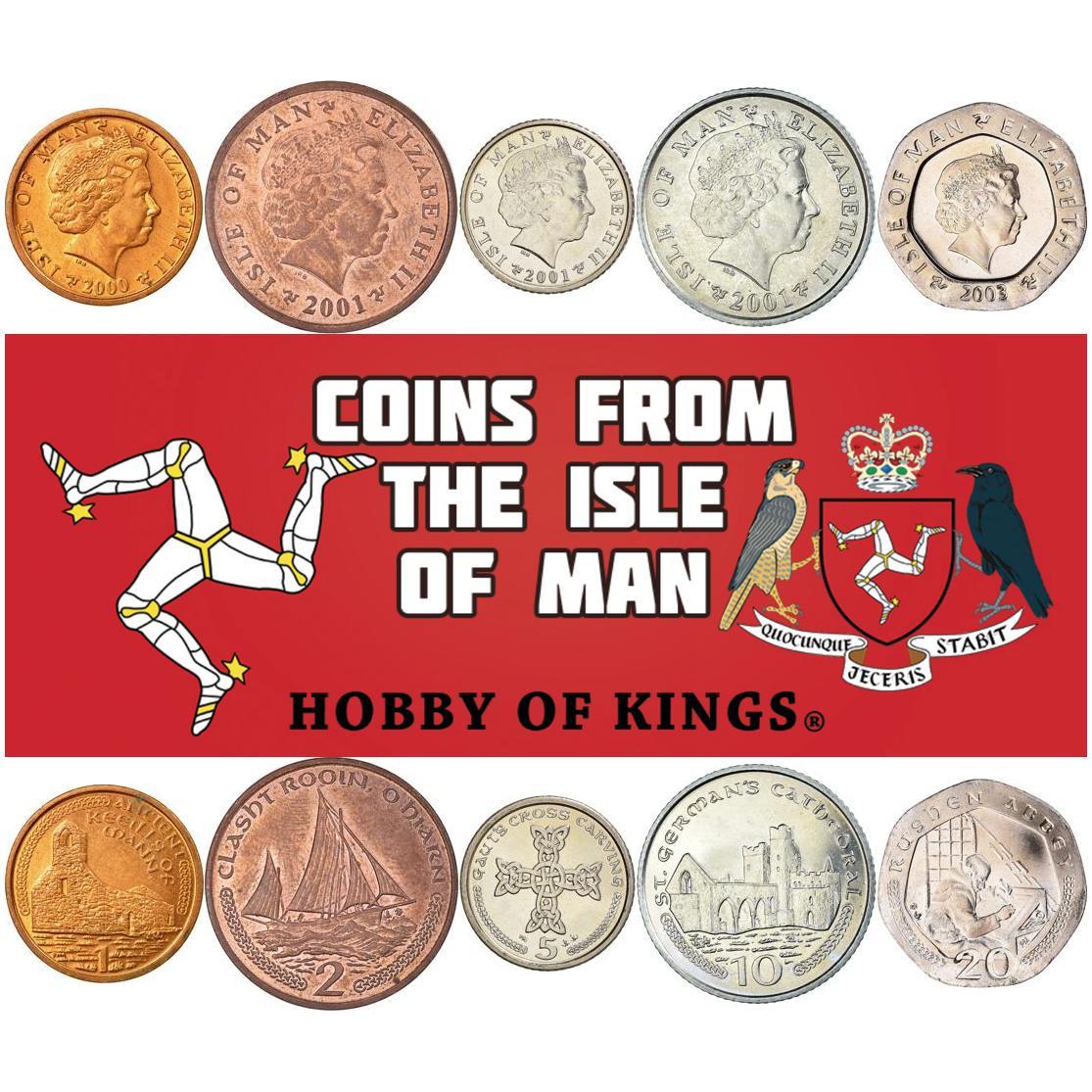 Île de Man | Ensemble de 5 pièces | 1 Penny 2 5 10 20 Pence | Chapelle mannoise en ruines | Reine Élisabeth II | Lougre mannois | Croix de Gaut | Cathédrale Saint-Germain | Moine | Manuscrit | Abbaye de Rushen | 2000 - 2003