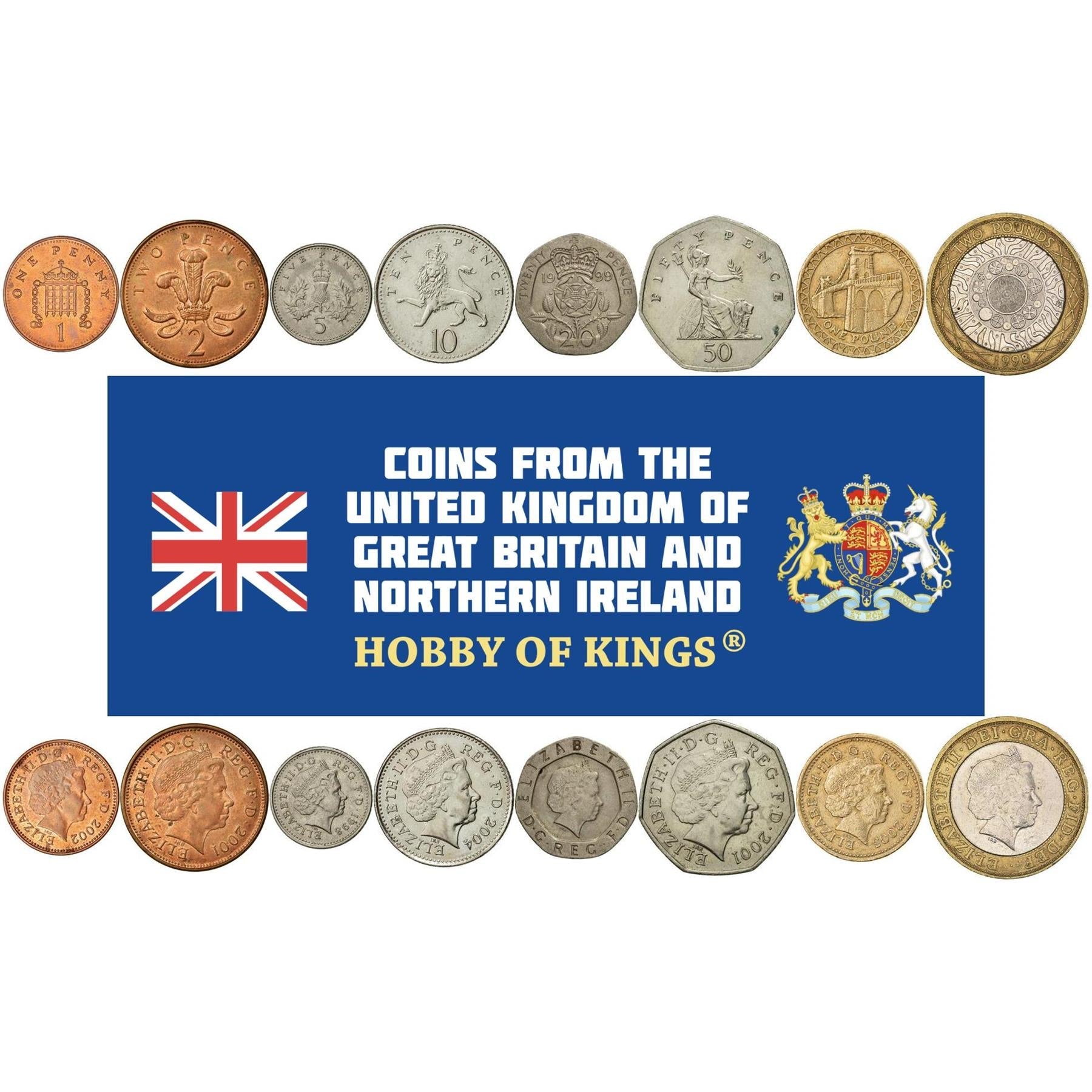 British 8 Coin Set 1 2 5 10 20 50 Pence 1 2 Pounds | Elizabeth II | Portcullis | Britannia | United Kingdom | 1998 - 2008