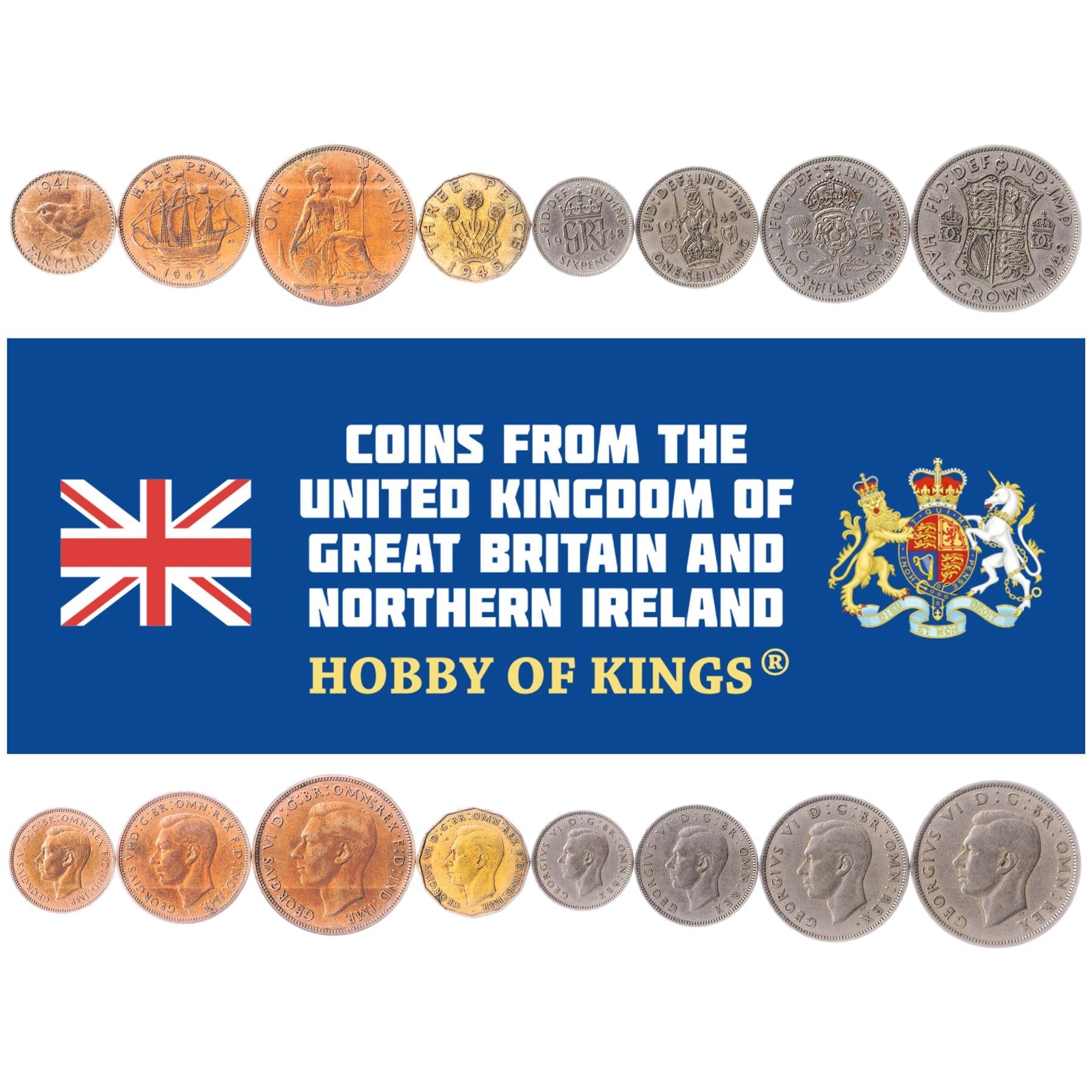British 8 Coin Set 1 Farthing 1/2 1 3 6 Pence 1 2 Shillings 1/2 Crown | George VI | Eurasian Wren | Thrift | Three-Masted Ship | Tudor Rose | Britannia | United Kingdom | 1937 - 1948