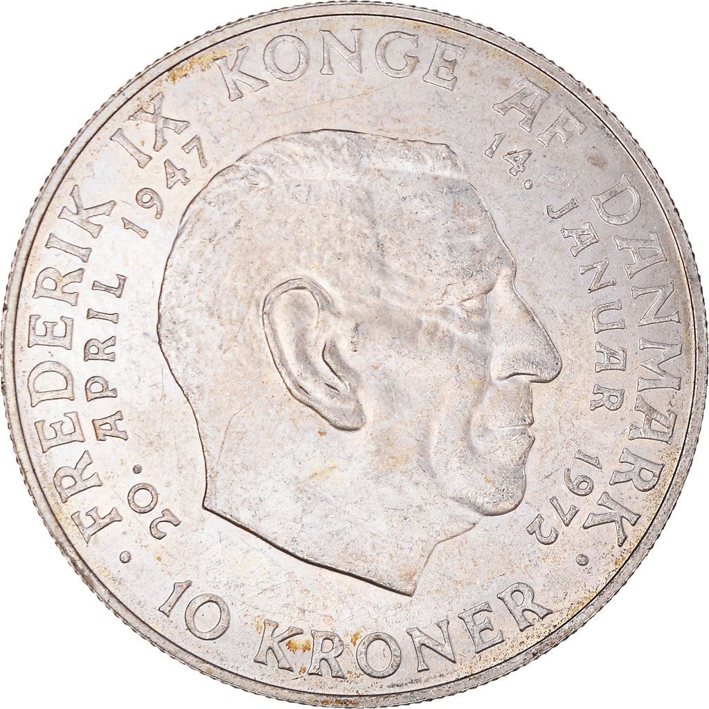 Denmark | 10 Kroner Coin | Silver | Death of Frederik IX and accession of Margrethe II | KM:858 | 1972