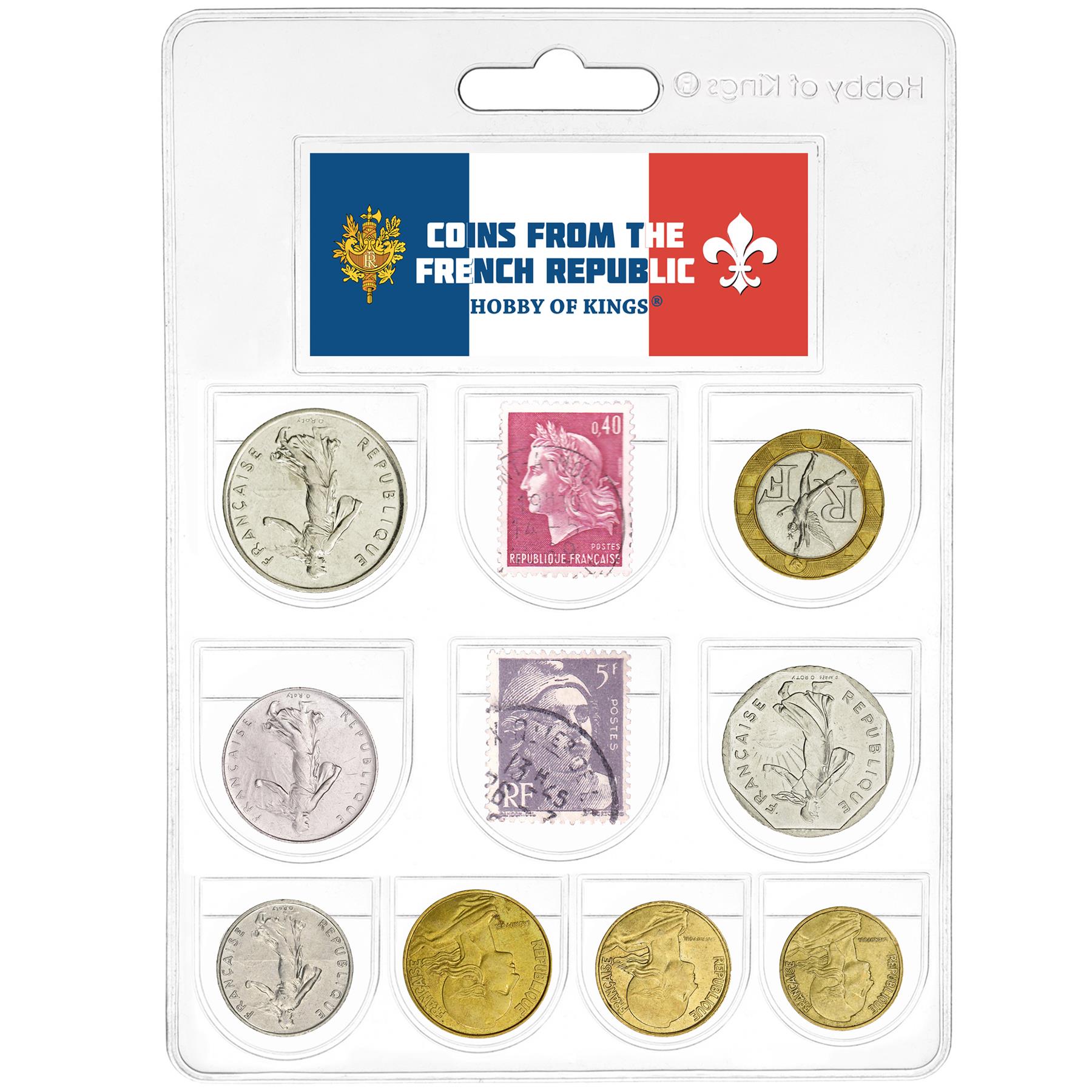 France | 8 Coin Set 5 10 20 Centimes 1/2 1 2 5 10 Francs | 4 Mixed French Postage Stamps | Marianne de Gandon | 1961 - 2001