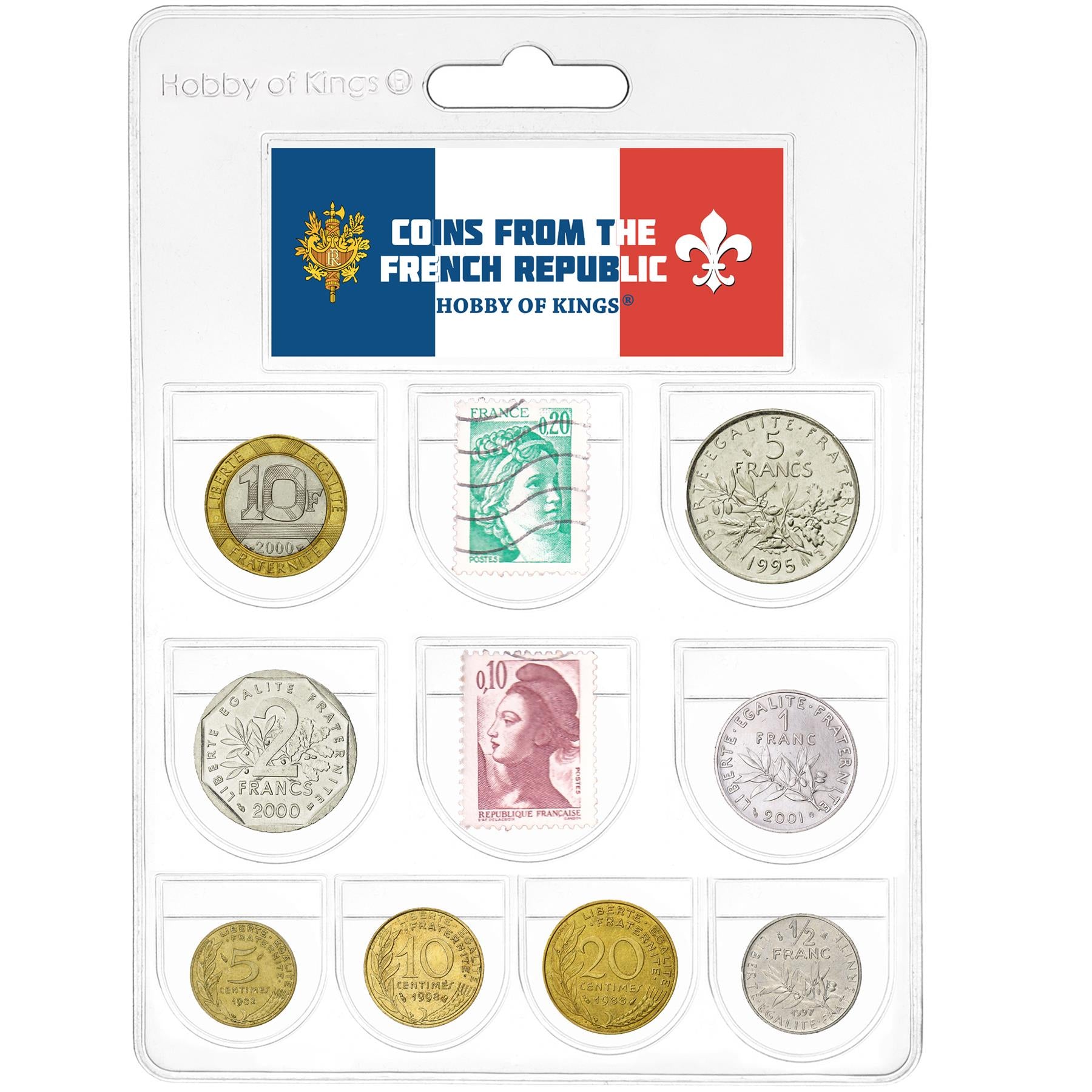 France | 8 Coin Set 5 10 20 Centimes 1/2 1 2 5 10 Francs | 4 Mixed French Postage Stamps | Marianne de Gandon | 1961 - 2001