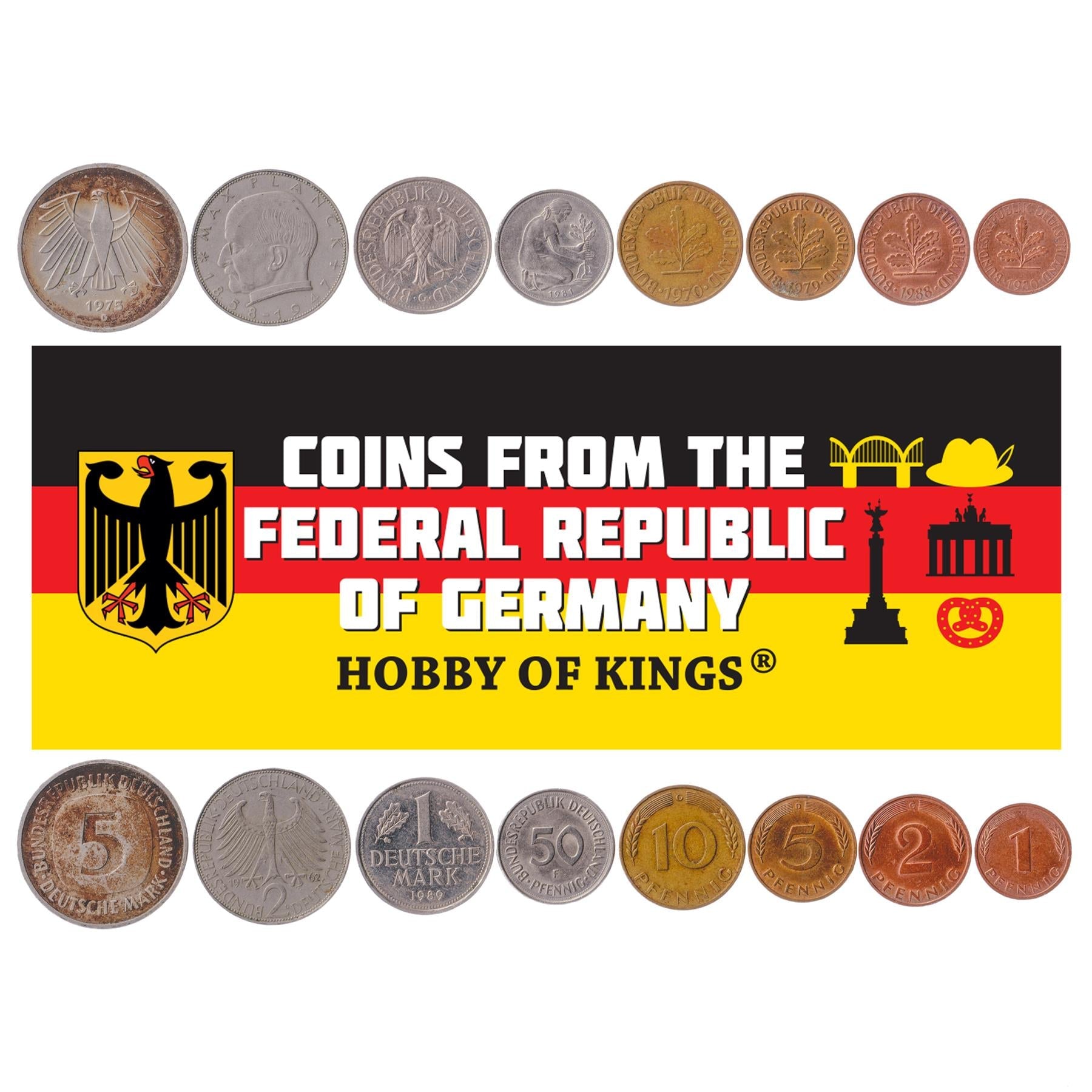 German 8 Coin Set 1 2 5 10 50 Pfennig 1 2 5 Deutsche Mark | Oak | Eagle | Max Planck | Germany | 1950 - 2001