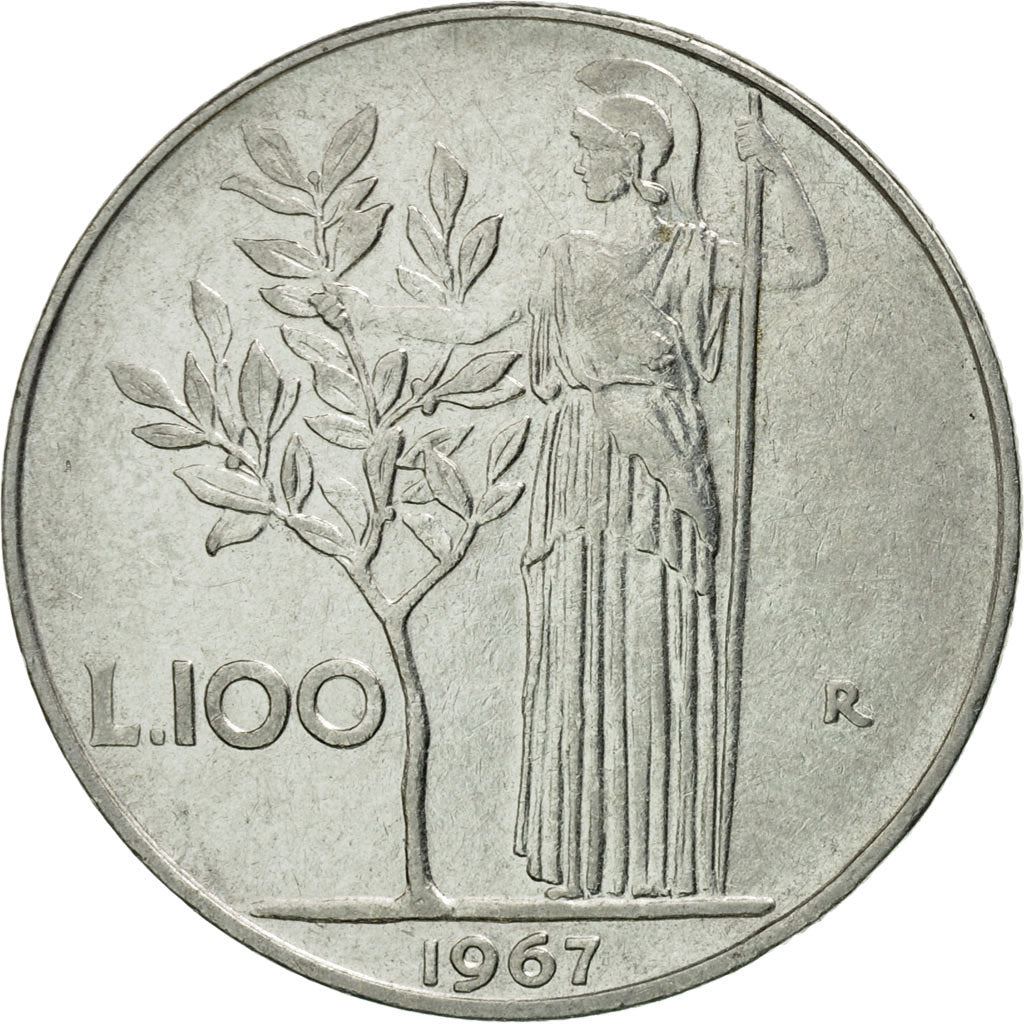 Italy Coin 100 Lire large type | Goddess Minerva | Long Spear | Tree | KM96.1 | 1955 - 1989
