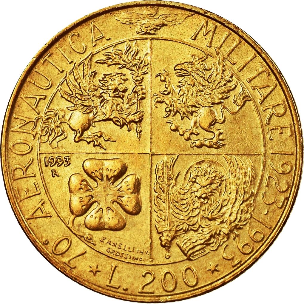 Italy Coin 200 Lire Military Aviation | Libertine | WWI | Eagle | Griffin | KM155 | 1993