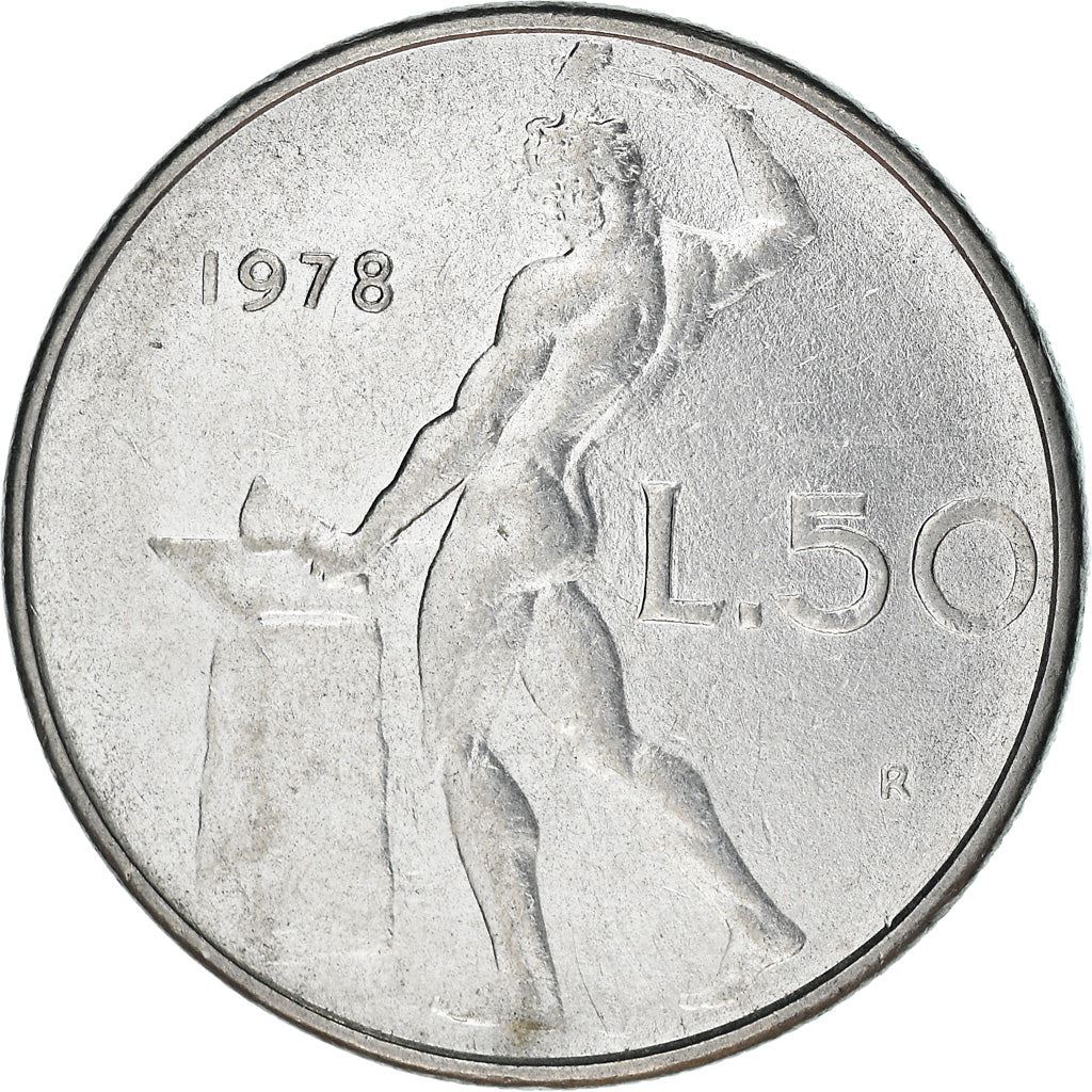 Italy Coin 50 Lire large type | God Vylcan | Anvil | Iron | Libertine | KM95.1 | 1954 - 1989