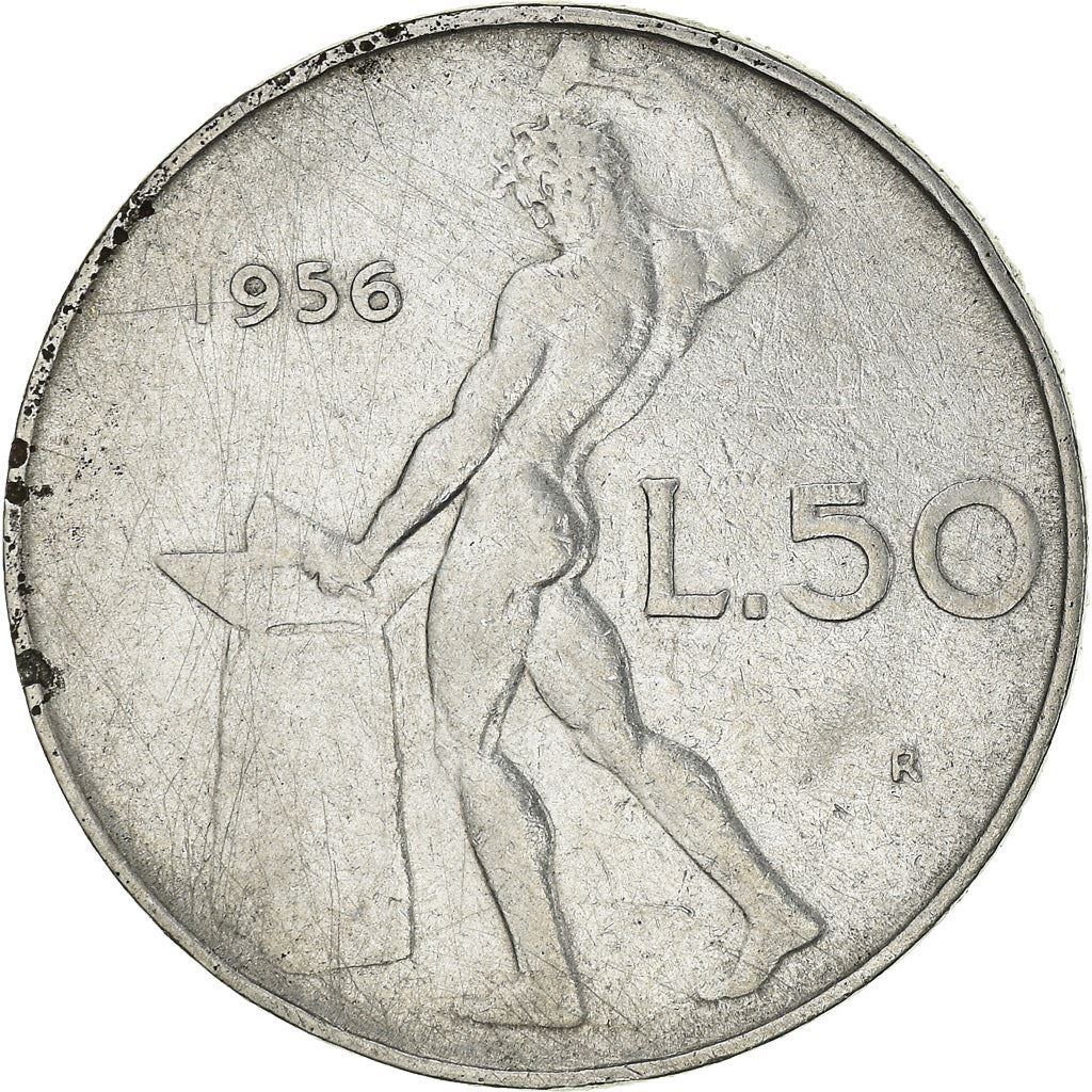 Italy Coin 50 Lire large type | God Vylcan | Anvil | Iron | Libertine | KM95.1 | 1954 - 1989
