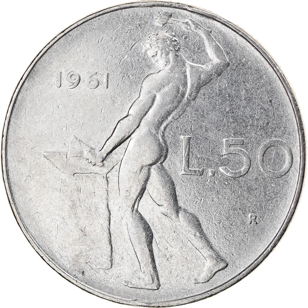 Italy Coin 50 Lire large type | God Vylcan | Anvil | Iron | Libertine | KM95.1 | 1954 - 1989