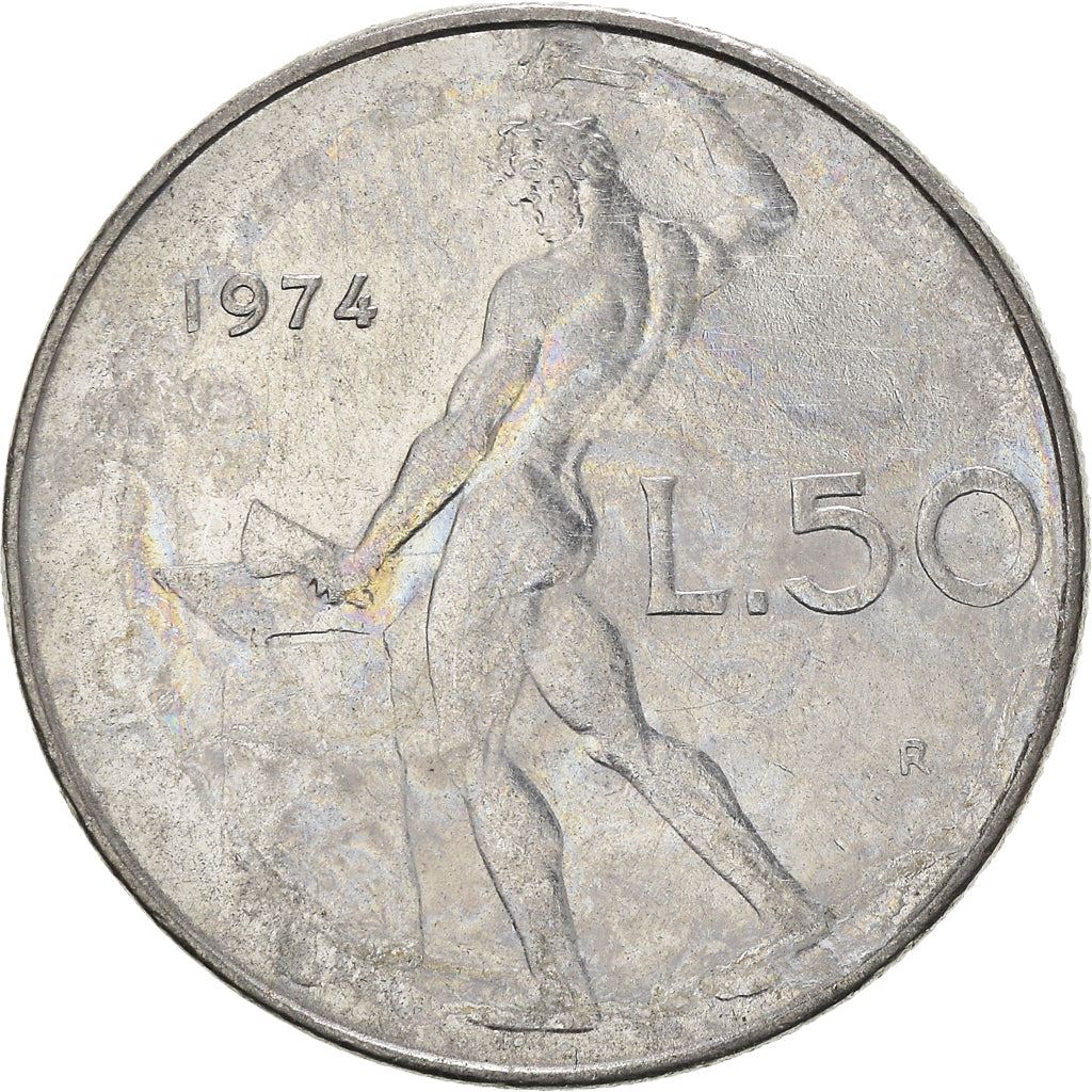 Italy Coin 50 Lire large type | God Vylcan | Anvil | Iron | Libertine | KM95.1 | 1954 - 1989