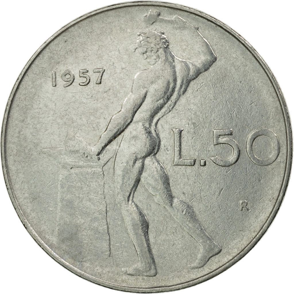 Italy Coin 50 Lire large type | God Vylcan | Anvil | Iron | Libertine | KM95.1 | 1954 - 1989