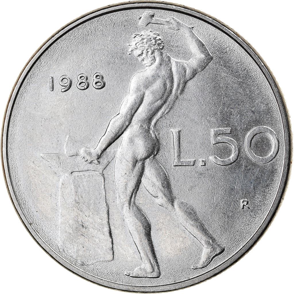 Italy Coin 50 Lire large type | God Vylcan | Anvil | Iron | Libertine | KM95.1 | 1954 - 1989