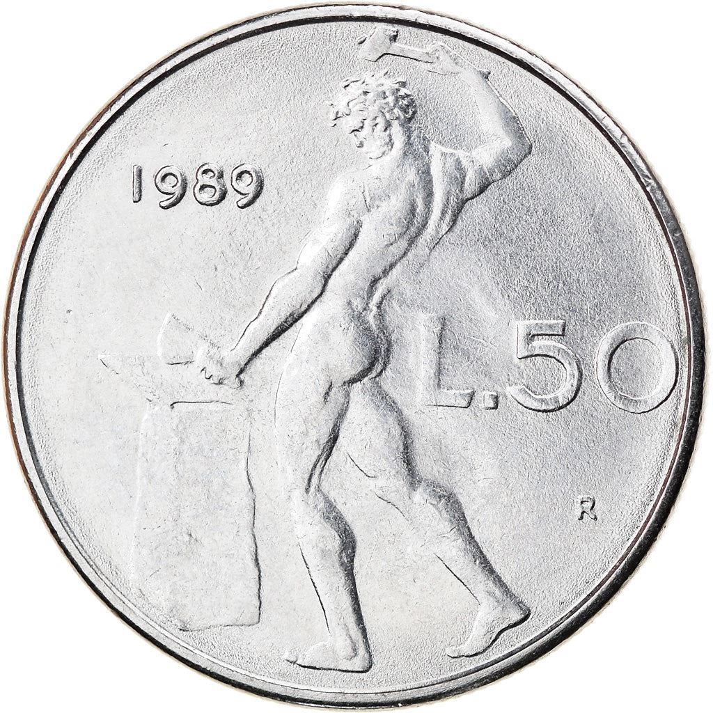Italy Coin 50 Lire large type | God Vylcan | Anvil | Iron | Libertine | KM95.1 | 1954 - 1989