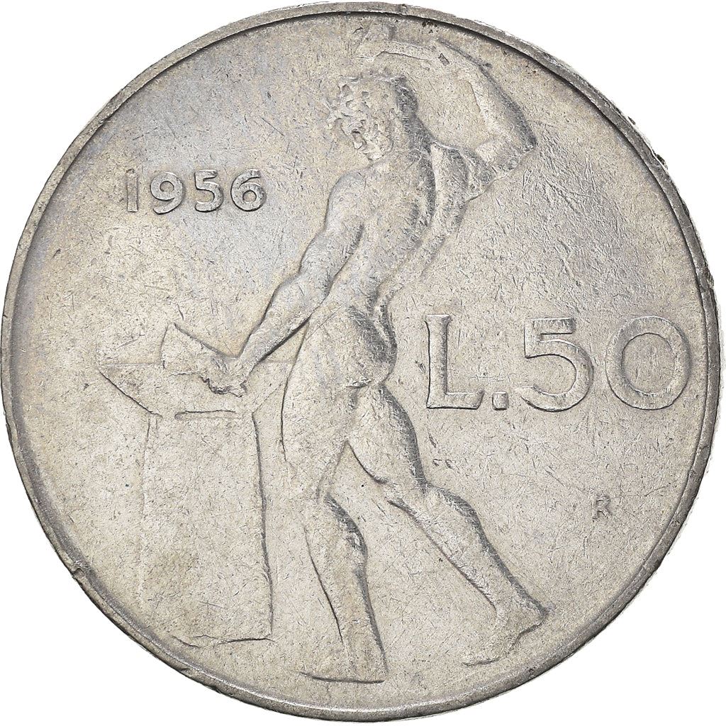 Italy Coin 50 Lire large type | God Vylcan | Anvil | Iron | Libertine | KM95.1 | 1954 - 1989