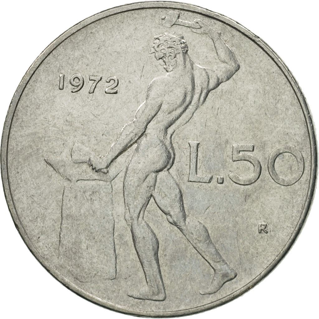 Italy Coin 50 Lire large type | God Vylcan | Anvil | Iron | Libertine | KM95.1 | 1954 - 1989
