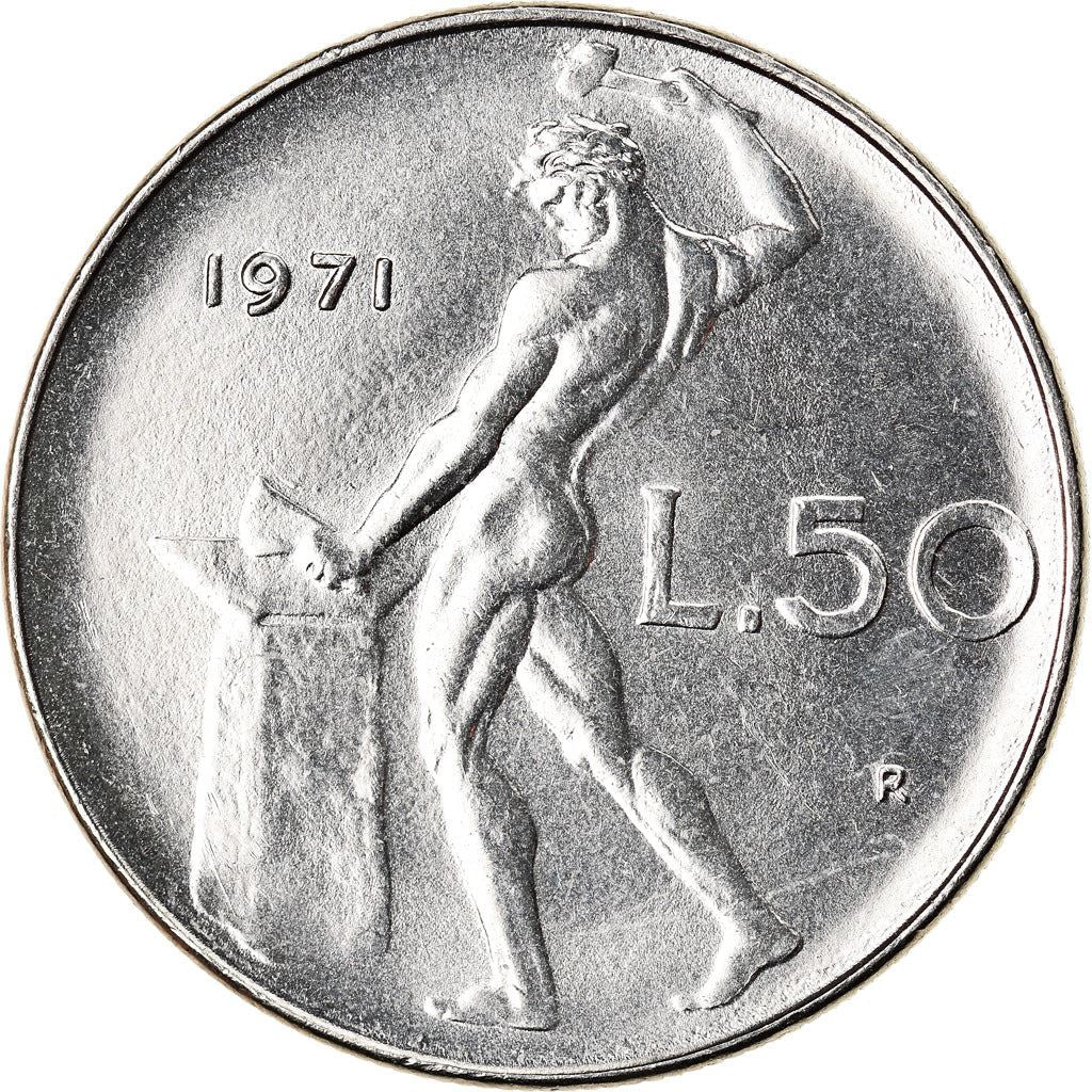 Italy Coin 50 Lire large type | God Vylcan | Anvil | Iron | Libertine | KM95.1 | 1954 - 1989