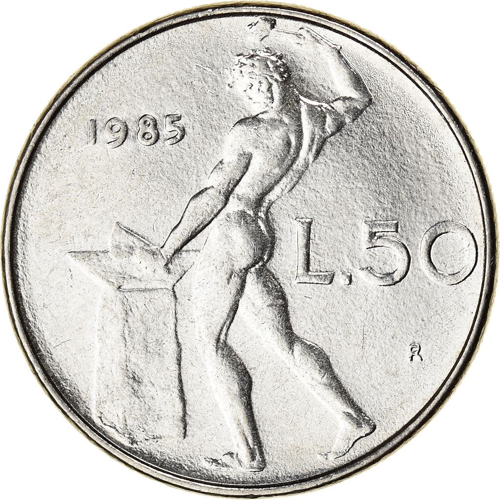 Italy Coin 50 Lire large type | God Vylcan | Anvil | Iron | Libertine | KM95.1 | 1954 - 1989