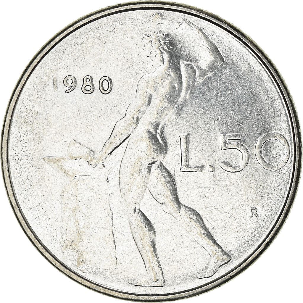 Italy Coin 50 Lire large type | God Vylcan | Anvil | Iron | Libertine | KM95.1 | 1954 - 1989