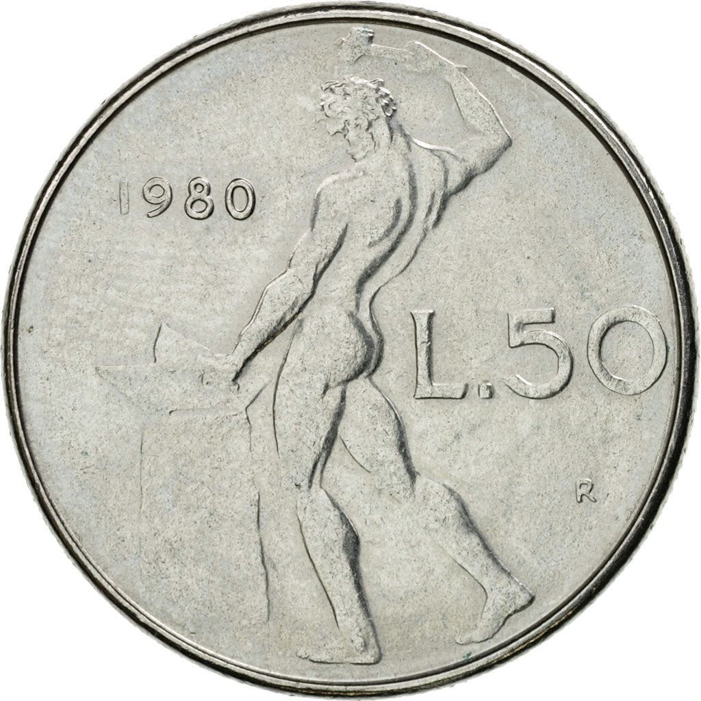 Italy Coin 50 Lire large type | God Vylcan | Anvil | Iron | Libertine | KM95.1 | 1954 - 1989