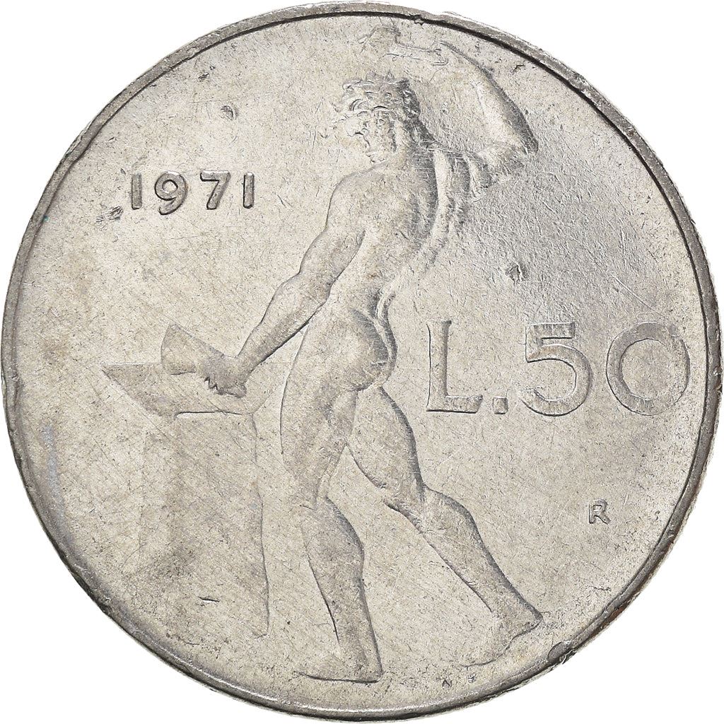 Italy Coin 50 Lire large type | God Vylcan | Anvil | Iron | Libertine | KM95.1 | 1954 - 1989