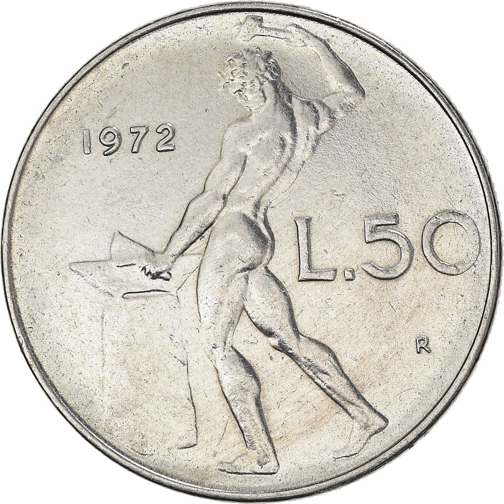 Italy Coin 50 Lire large type | God Vylcan | Anvil | Iron | Libertine | KM95.1 | 1954 - 1989