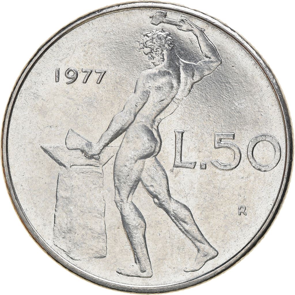 Italy Coin 50 Lire large type | God Vylcan | Anvil | Iron | Libertine | KM95.1 | 1954 - 1989